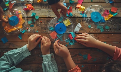 Kinderhände beim Zusammensetzen eines transparenten DIY-Buttons